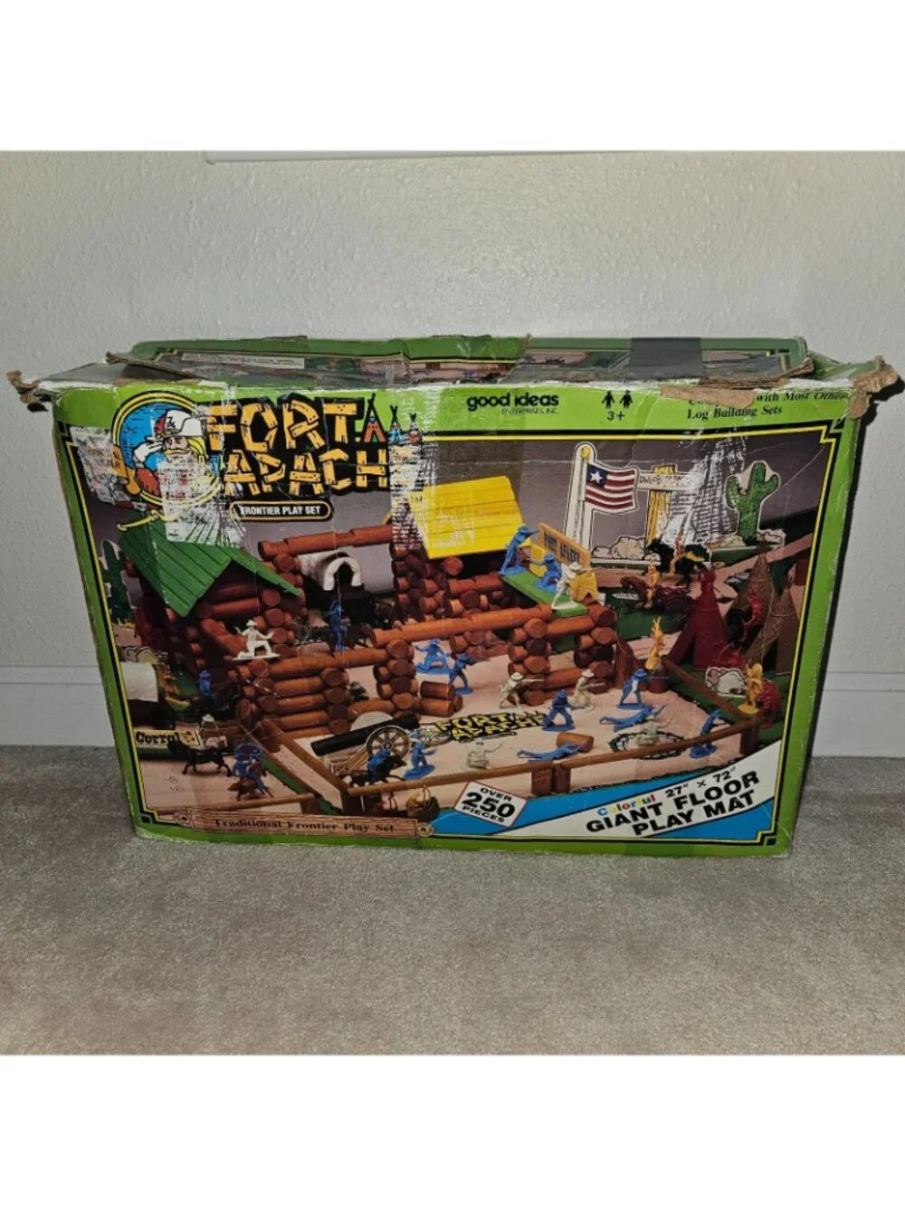 VTG 350+ pc Fort Apache Frontier Play Set Wood Build Cowboy Indian Play Mat READ